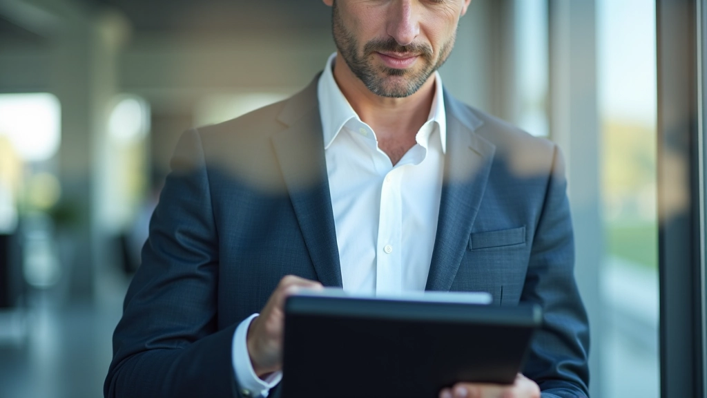 Leidinggevende bekijkt marktanalyse en trend-data op tablet in moderne kantoorsetting