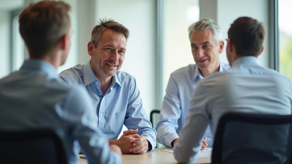 Manager en teamlid in diepgaand gesprek, whiteboard met aantekeningen op achtergrond