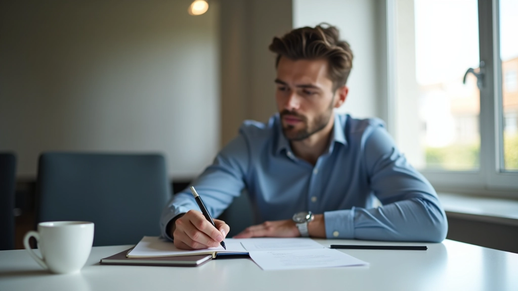 Leidinggevende noteert kritieke succesfactoren op papier, gefocuste werkruimte met koffie
