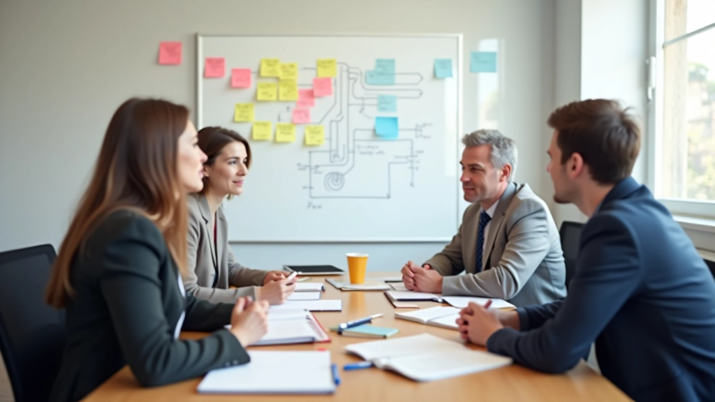 Strategische planning sessie met whiteboard en post-its in vergaderruimte