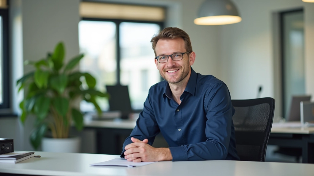 Zelfverzekerde manager in modern kantooromgeving