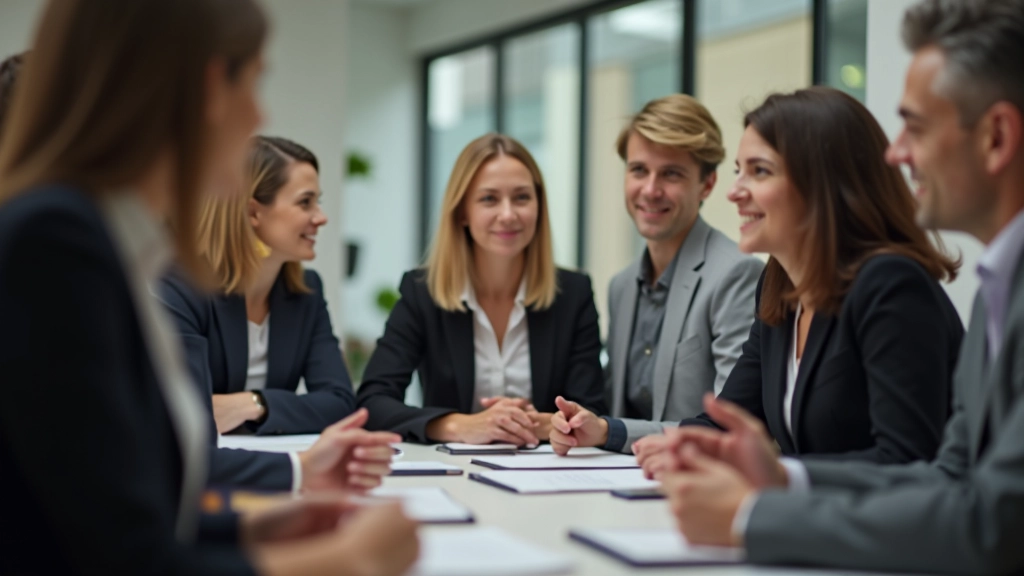 Teamleider in gesprek met diverse groep collega's in moderne kantooromgeving, collaborative werksfeer
