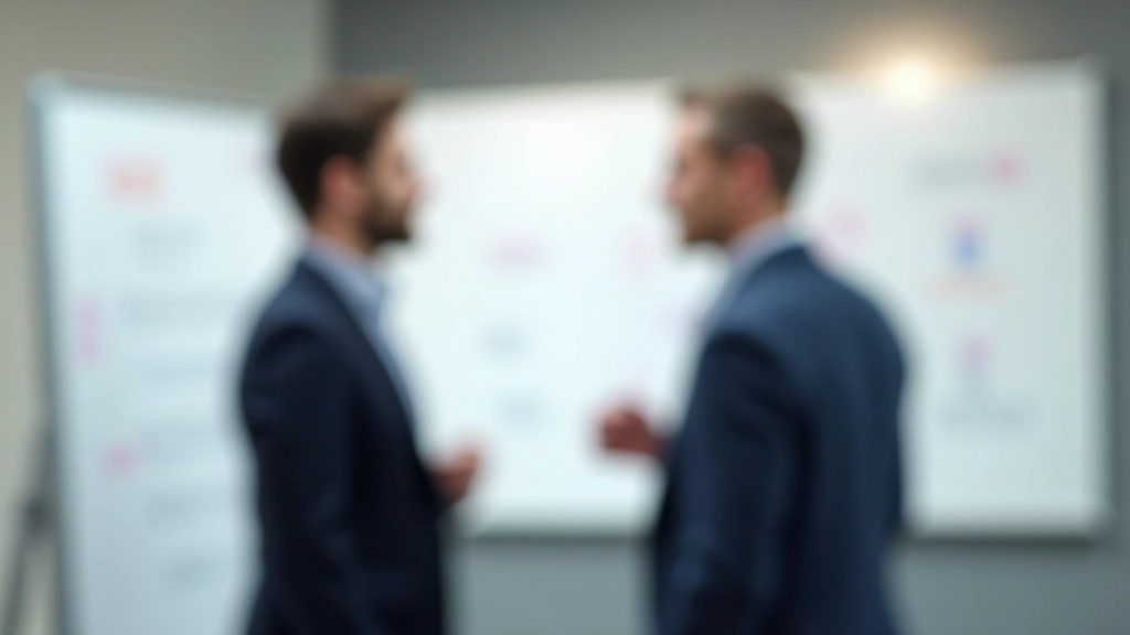 Twee leidinggevenden in gesprek bij whiteboard met strategische notities en schema's